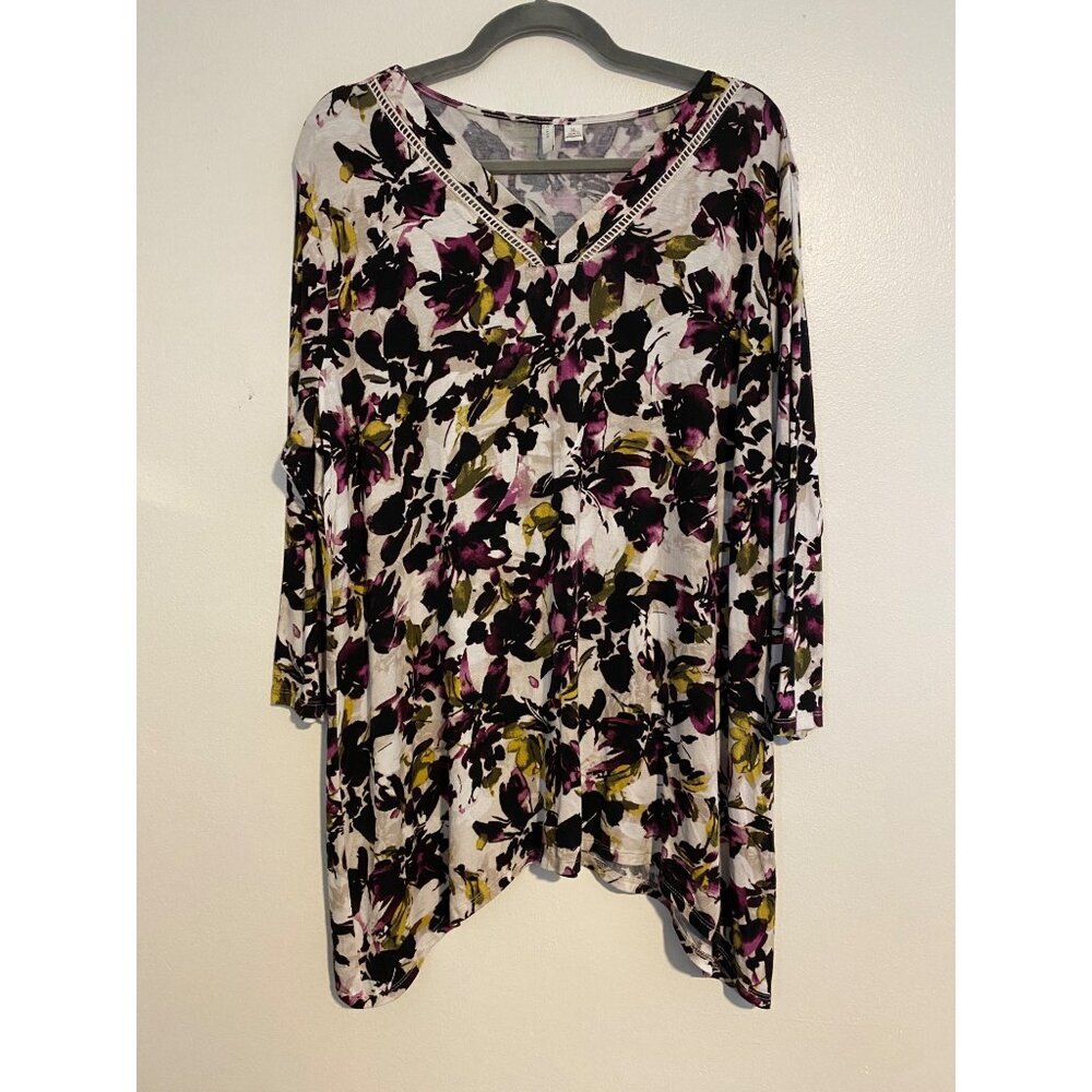 Est. 1946 Floral Tunic Top V-Neck 3/4 Sleeves Multicolor Abstract Print XL Artsy
